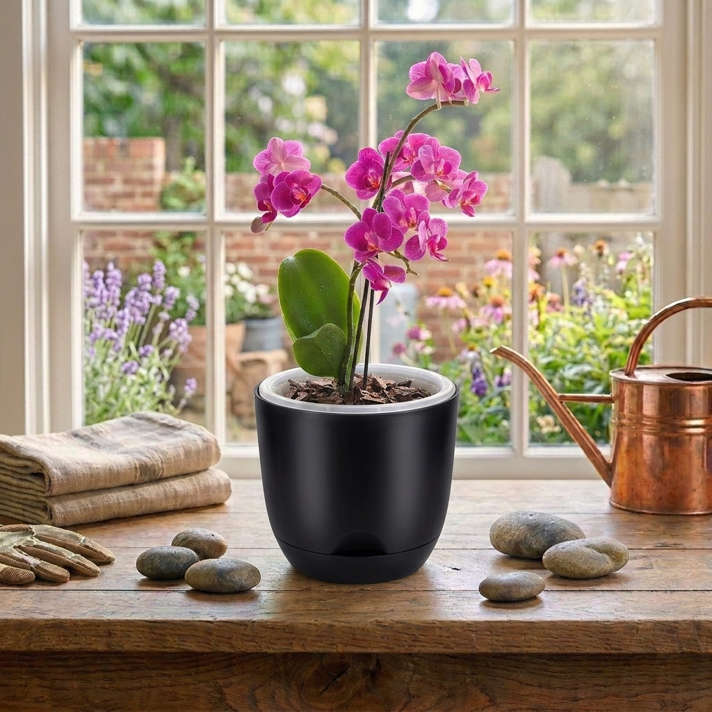 Maceta de autorriego NÖTROPIC para orquídeas color negro